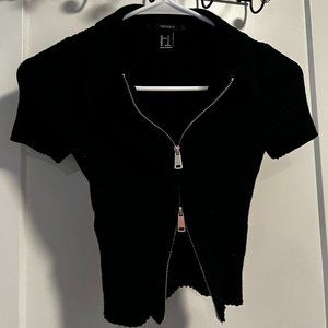 Forever 21 Black Corduroy Double Zip Collared T- Shirt Size X-Small/Small